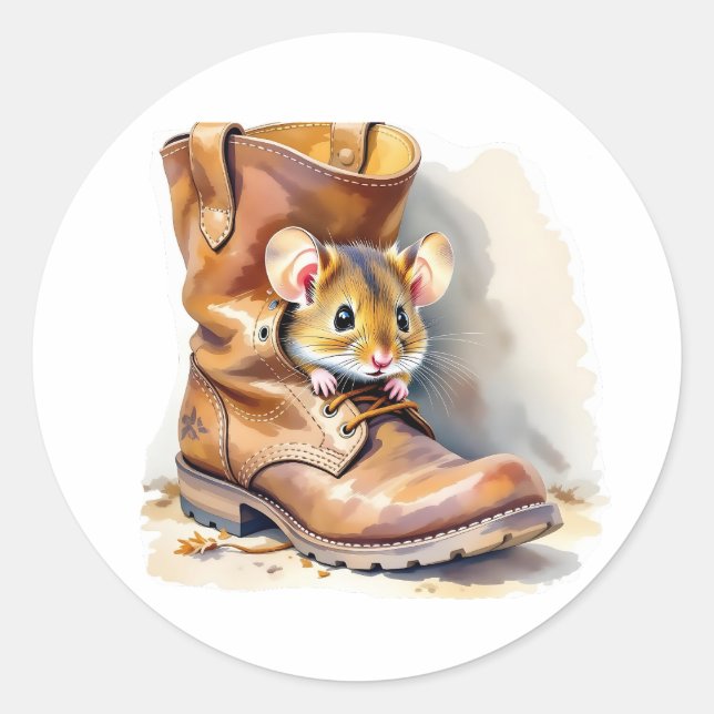 Cute Little Mouse in a Boot Classic Round Sticker (Front)