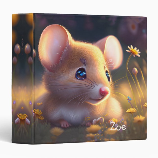 Cute little mouse in a flower meadow, custom  3 ring binder (Front/Spine)