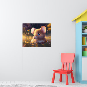 Cute little mouse in a flower meadow, kids poster