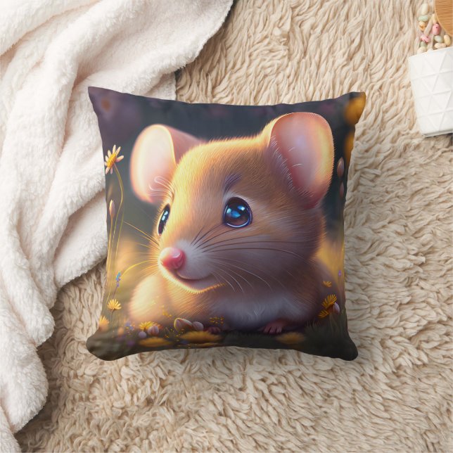 Cute little mouse in a flower meadow throw pillow (Blanket)