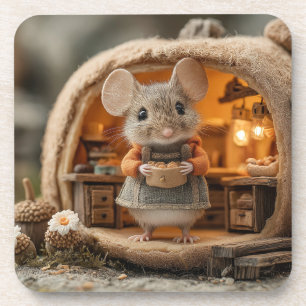 Cute Little Mouse in Cozy Acorn House Beverage Coaster