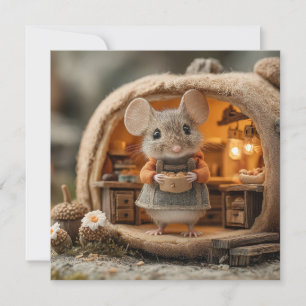 Cute Little Mouse in Cozy Acorn House Holiday Card