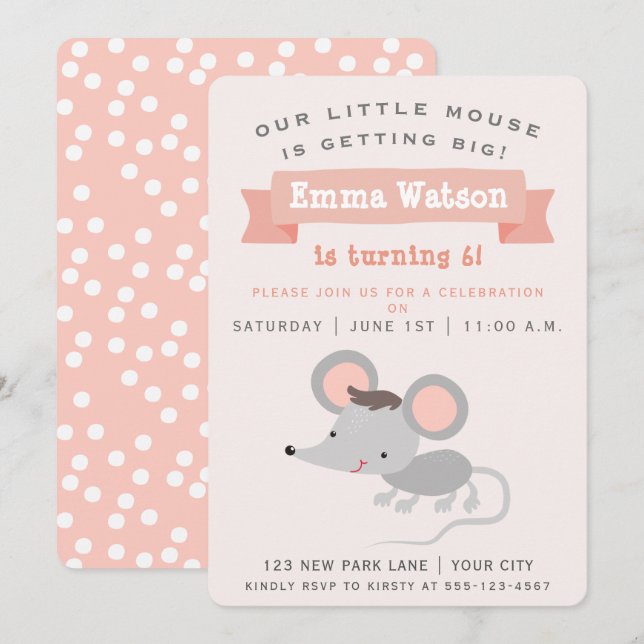 Cute Little Mouse - Kids Birthday Party Invitation (Front/Back)