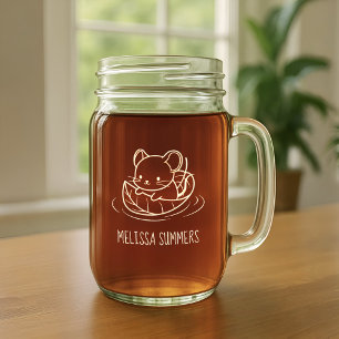 Cute Little Mouse Leaf Boat Custom Name Mason Jar W/ Handle
