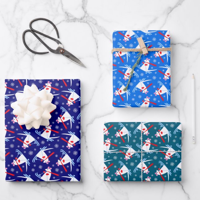 Cute Little Mouse on Skis Christmas Snow Wrapping Paper Sheets (Front)