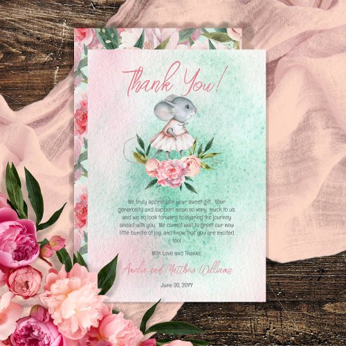 Cute Little Mouse Pink  Mint Girl Baby Shower Thank You Card