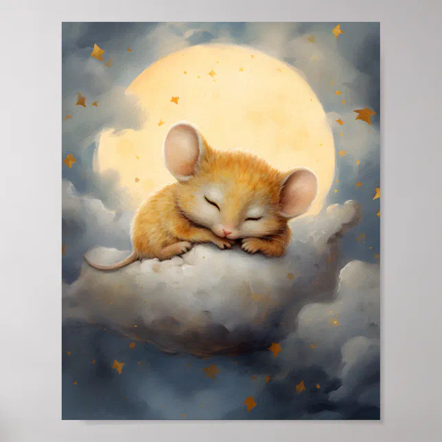Cute Little Mouse sleeping on a cloud Poster | Zazzle