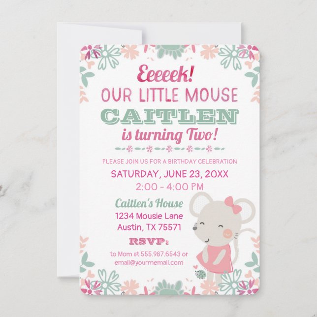 Cute Little Mouse Watercolor Birthday Invitation (Front)