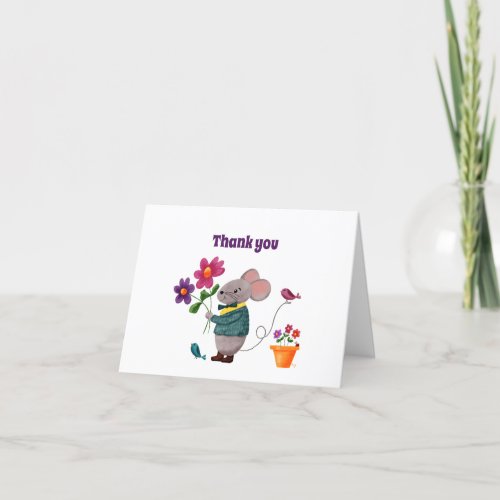 Cute Little Mouse with Flowers Thank You Card