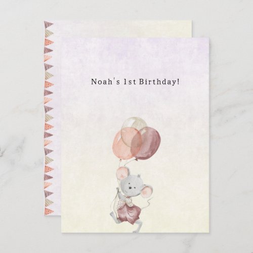 Cute Little Mouse With Pink Balloons Invitation Postcard