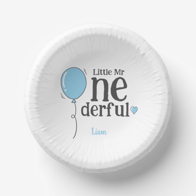 Cute Little Mr Onederful Blue Balloon Paper Bowls (Front)