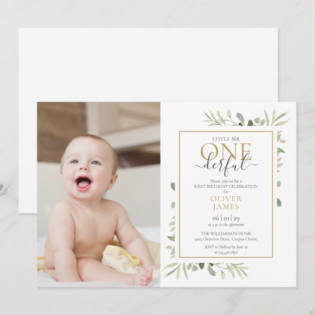 Cute Little Mr ONEderful Photo Boy First Birthday Invitation (Front/Back)