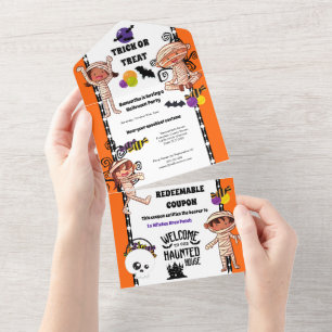 Cute little mummy monsters kids halloween birthday all in one invitation