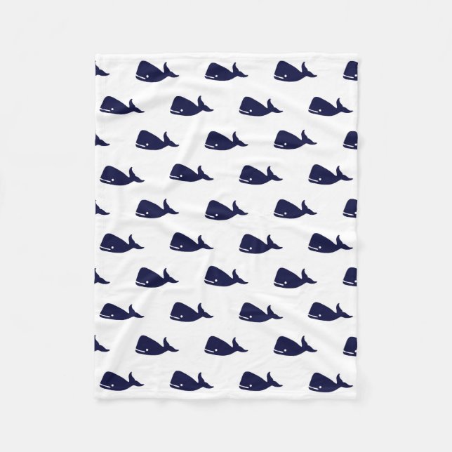 Cute Little Navy Blue Whale Pattern on White Fleece Blanket (Front)