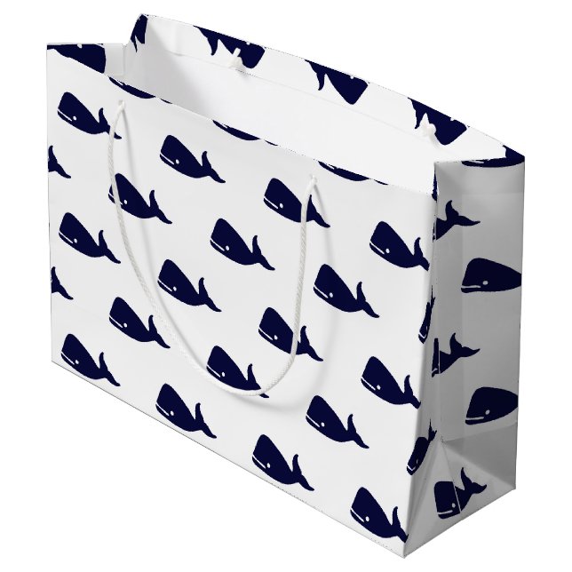 Cute Little Navy Blue Whale Pattern on White Large Gift Bag (Back Angled)
