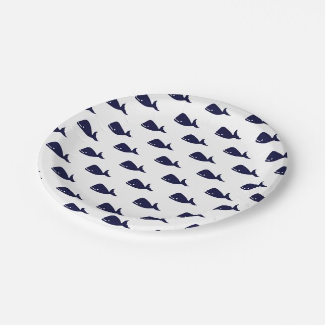 Cute Little Navy Blue Whale Pattern on White Paper Plates (Angled)