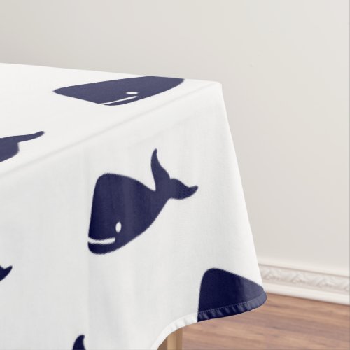 Cute Little Navy Blue Whale Pattern on White Tablecloth