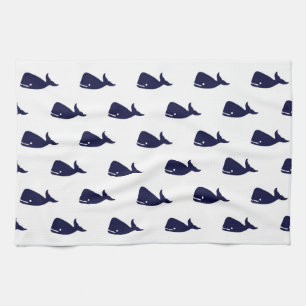 Cute Little Navy Blue Whale Pattern on White Towel