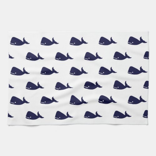 Cute Little Navy Blue Whale Pattern on White Towel
