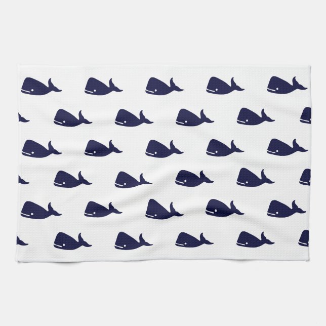 Cute Little Navy Blue Whale Pattern on White Towel (Horizontal)