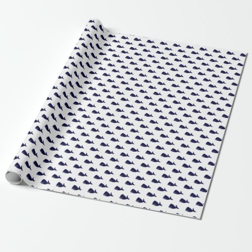 Cute Little Navy Blue Whale Pattern on White Wrapping Paper