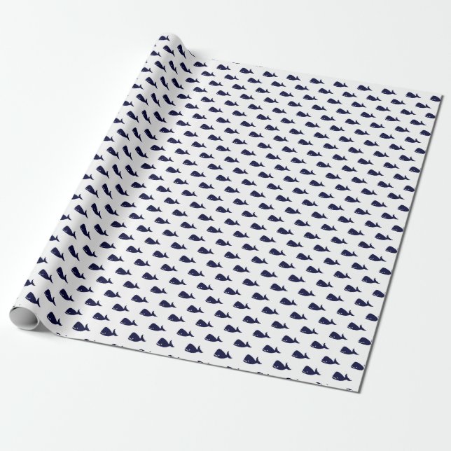 Cute Little Navy Blue Whale Pattern on White Wrapping Paper (Unrolled)