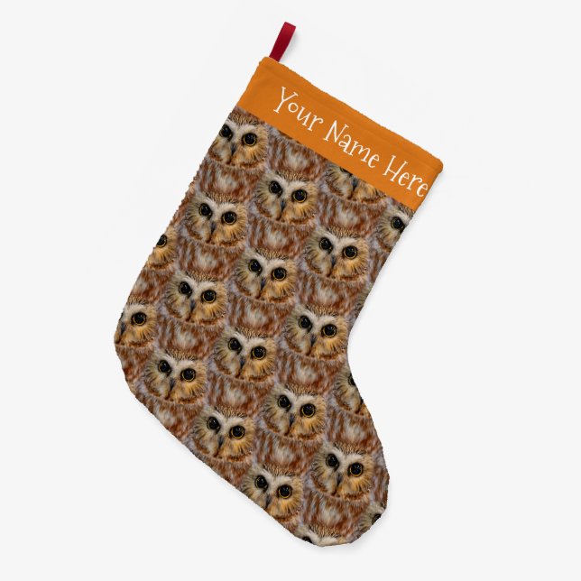 Cute Little Northern Saw Whet Owl Large Christmas Stocking (Front (Hanging))