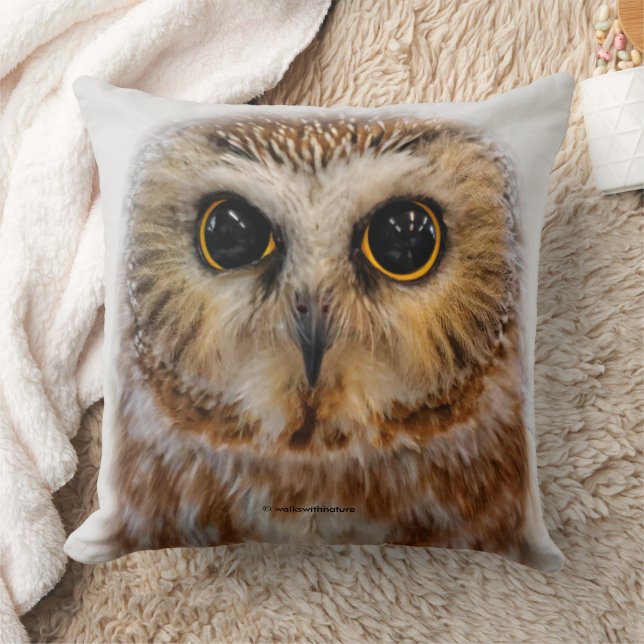 Cute Little Northern Saw Whet Owl Throw Pillow (Blanket)