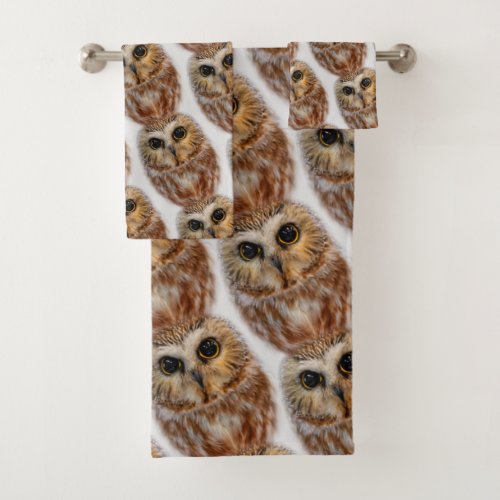 Cute Little Northern Saw Whet Owls Bath Towel Set