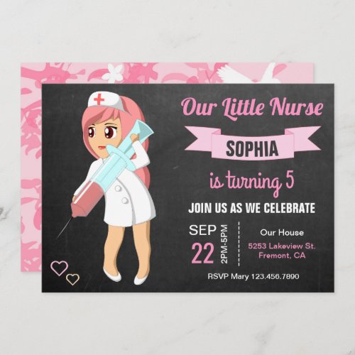 Cute Little Nurse Girls Birthday Party Invitation