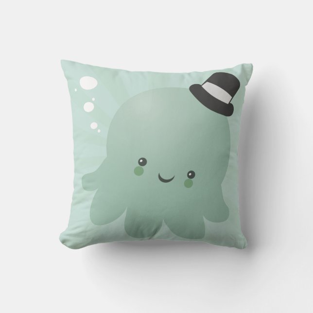 Cute Little Octopus wearing a black Top Hat Throw Pillow (Front)