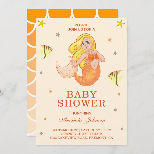 Cute Little Orange Mermaid Baby Shower Invitation (Front/Back)