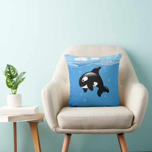 Cute Little Orca Whale in Ocean Throw Pillow