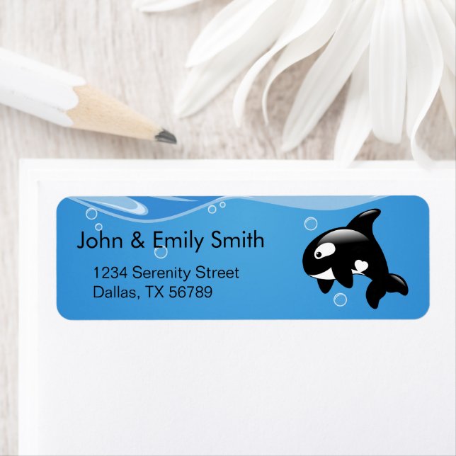 Cute Little Orca Whale on Aqua Label (Insitu)