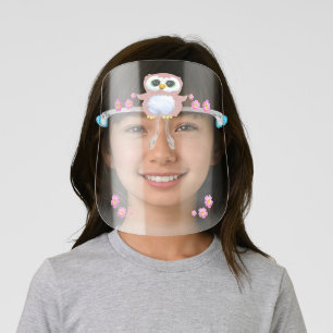 Cute little owl and pink flowers kids' face shield