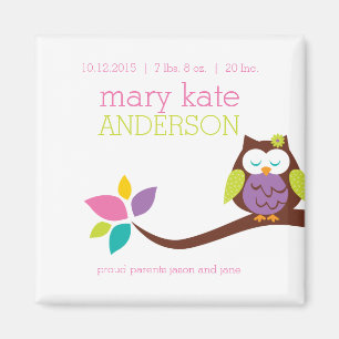Cute Little owl on a branch KEEPSAKE ANNOUNCEMENT Magnet