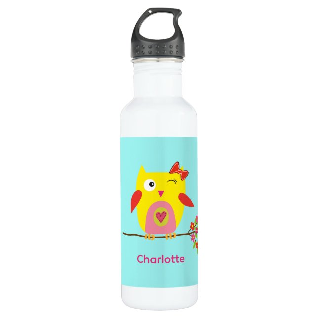 Cute little Owl Pink Flowers Kids Personalized Stainless Steel Water Bottle (Front)