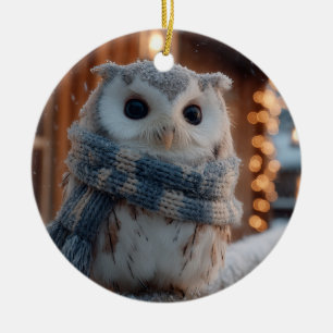 Cute little owl wearing knitted winter scarf ceramic ornament