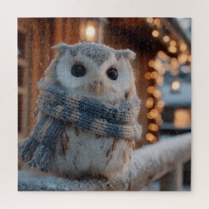 Cute little owl wearing knitted winter scarf  jigsaw puzzle