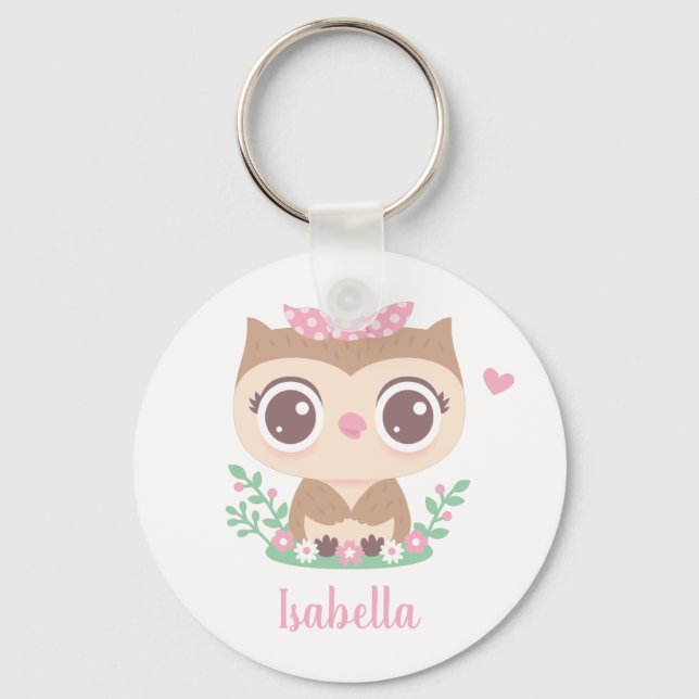 Cute Little Owl with Polka Dots Bow Keychain (Front)