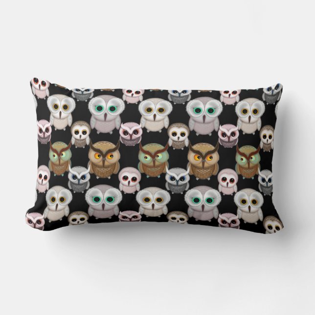 Cute Little Owls Illustrated Art Pattern Lumbar Pillow (Front)