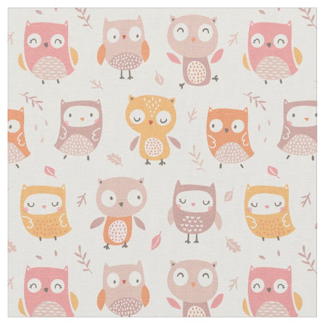 Cute Little Owls in muted colors Fabric (Close Up)