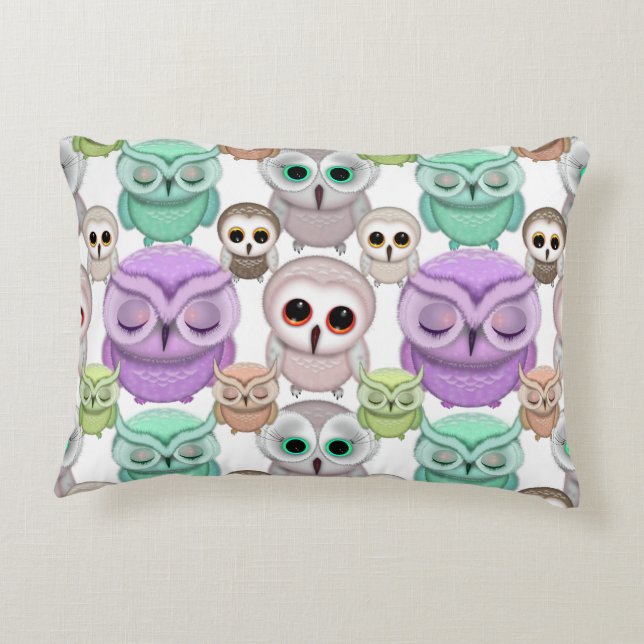 Cute Little Owls in Pastel Colors Accent Pillow (Back)