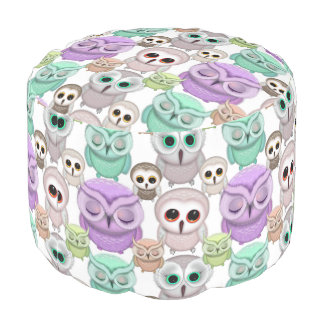 Cute Little Owls in Pastel Colors Pouf