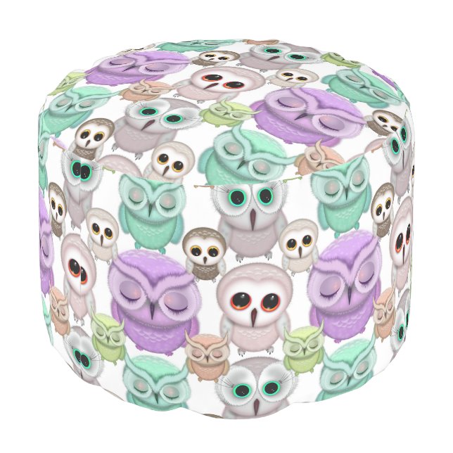 Cute Little Owls in Pastel Colors Pouf (Angled Back)