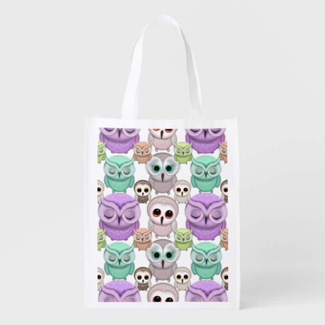 Cute Little Owls in Pastel Colors Reusable Grocery Bag (Front)