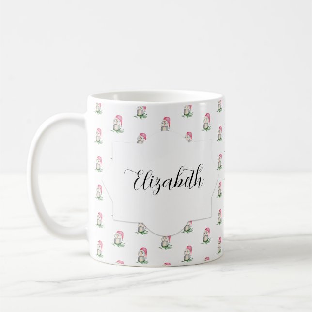 Cute Little Owls Watercolor Monogrammed Coffee Mug (Left)