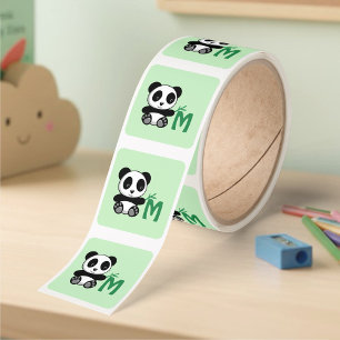 Cute Little Panda Bamboo Green Monogram Initial Square Sticker