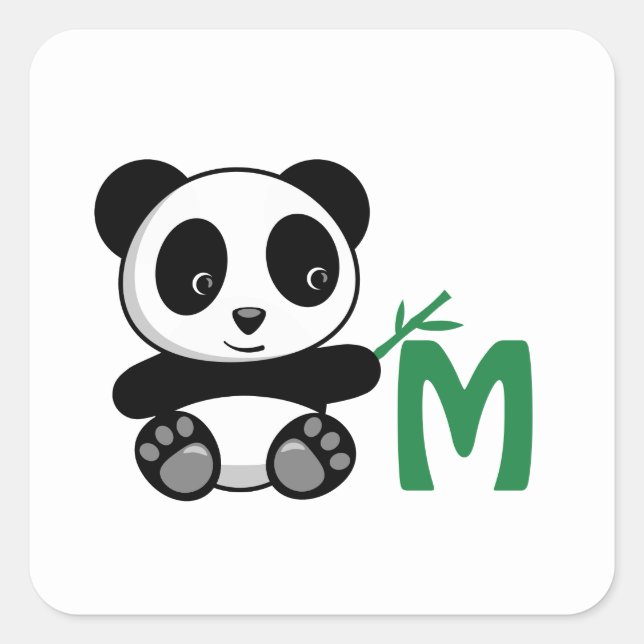 Cute Little Panda Bamboo Monogram Initial Square Sticker (Front)