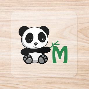 Cute Little Panda Bamboo Monogram Initial Square Sticker